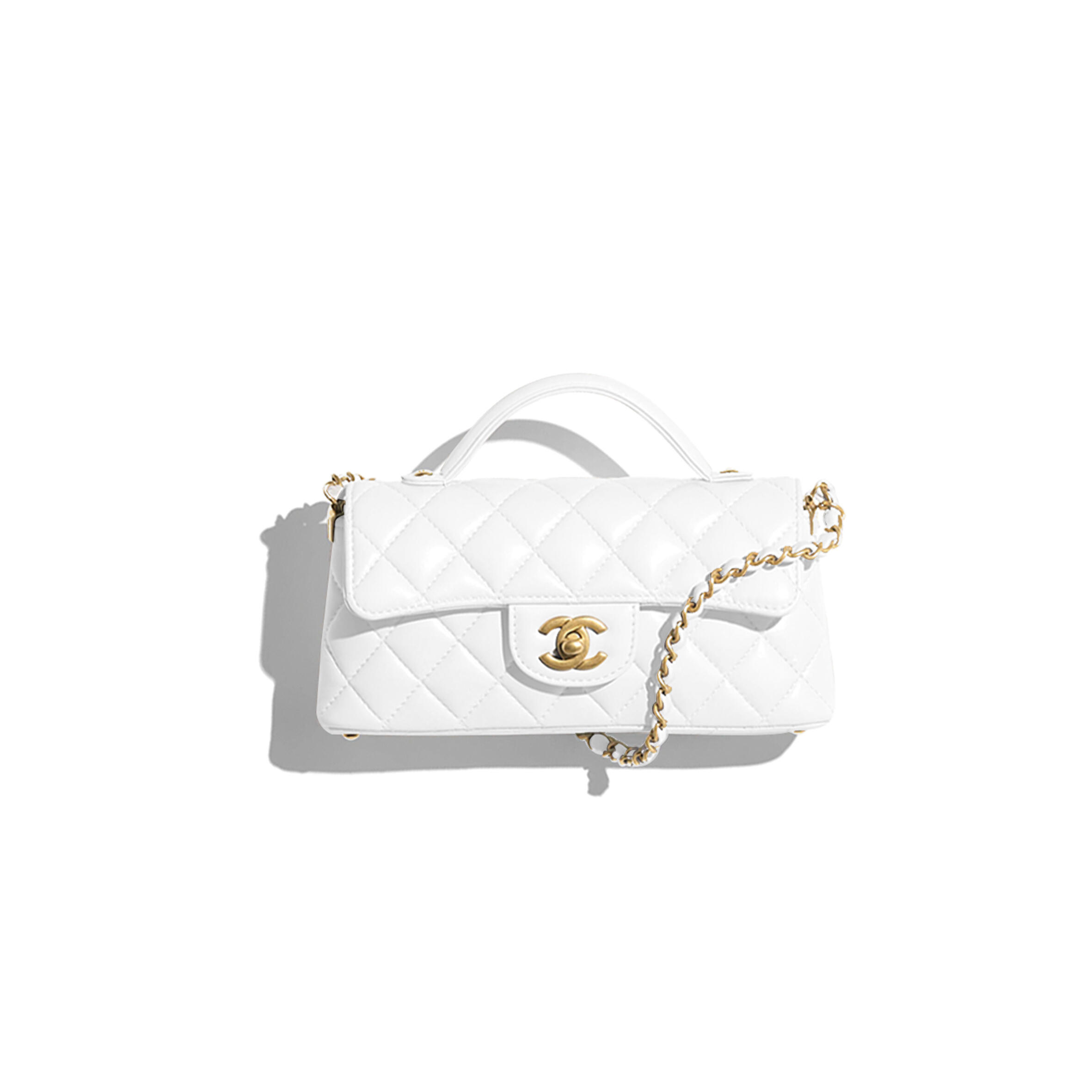 Ch*el mini flap bag with top handle lambskin & gold-tone metal white as5354 (20*14*5.5cm)
